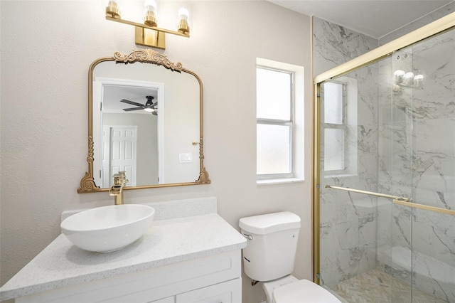 2905 Forest Cir, Seffner, FL 33584 - full bath featuring vanity, a marble finish shower, and a ceiling fan