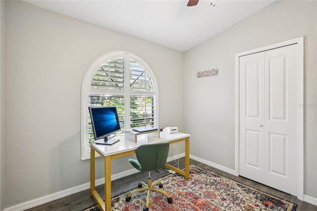 852 Crystal Dr, Palm Harbor, FL 34683 - office area featuring wood finished floors and ceiling fan