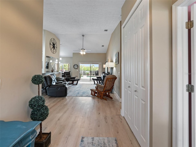 9702 Mary Robin Dr, Riverview, FL 33569 - hall featuring vaulted ceiling, light wood finished floors, and a textured ceiling