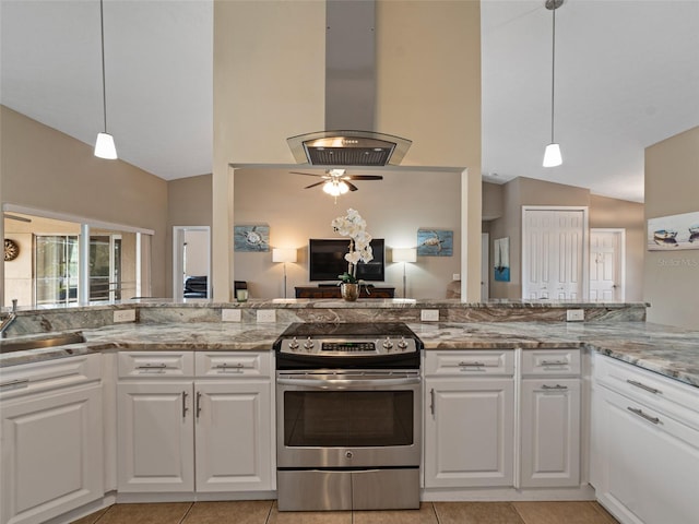 9702 Mary Robin Dr, Riverview, FL 33569 - kitchen with stainless steel range with electric stovetop, white cabinets, light stone counters, light tile patterned flooring, and high vaulted ceiling