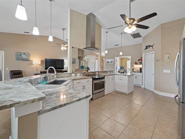 9702 Mary Robin Dr, Riverview, FL 33569 - kitchen featuring stainless steel appliances, wall chimney range hood, ceiling fan, open floor plan, and white cabinetry