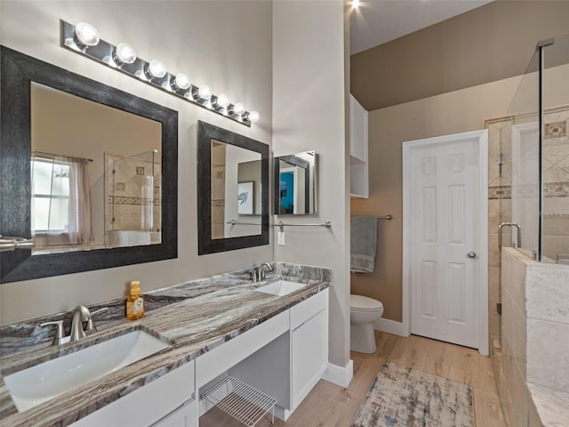 9702 Mary Robin Dr, Riverview, FL 33569 - bathroom with a shower stall, double vanity, and wood finished floors