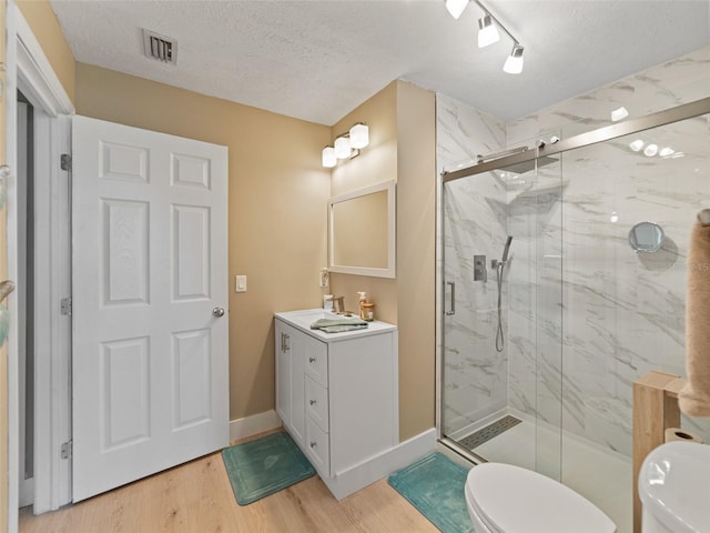 9702 Mary Robin Dr, Riverview, FL 33569 - bathroom featuring wood finished floors, a marble finish shower, vanity, and a textured ceiling