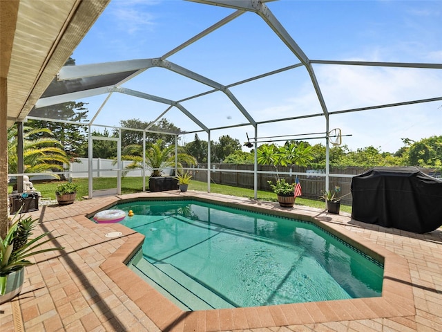 9702 Mary Robin Dr, Riverview, FL 33569 - view of swimming pool featuring grilling area, a fenced backyard, a patio, and glass enclosure