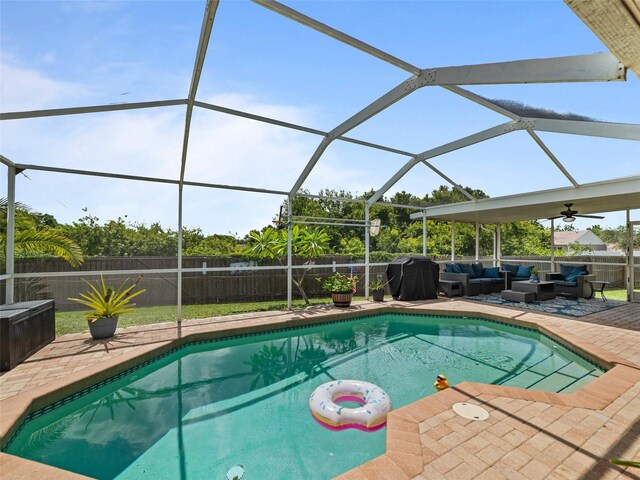 9702 Mary Robin Dr, Riverview, FL 33569 - view of pool featuring outdoor lounge area, a fenced backyard, grilling area, ceiling fan, and glass enclosure