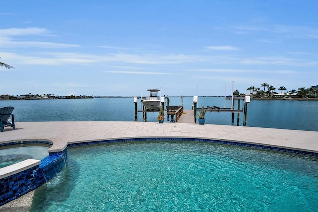 4381 Poinsettia Dr, St Pete Beach, FL 33706 - view of swimming pool featuring boat lift, a boat dock, a water view, and a pool with connected hot tub