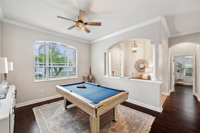 31646 Baymont Loop, Wesley Chapel, FL 33543 - rec room with arched walkways, dark wood finished floors, ceiling fan, crown molding, and ornate columns
