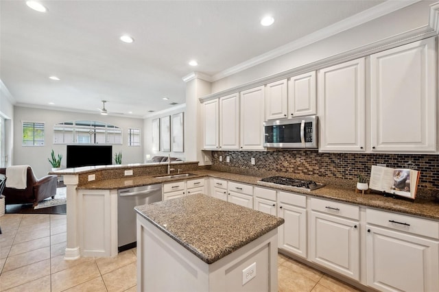 31646 Baymont Loop, Wesley Chapel, FL 33543 - kitchen with appliances with stainless steel finishes, open floor plan, ceiling fan, a peninsula, and white cabinets