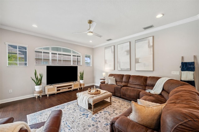 31646 Baymont Loop, Wesley Chapel, FL 33543 - living room with ornamental molding, a ceiling fan, dark wood-style flooring, and recessed lighting