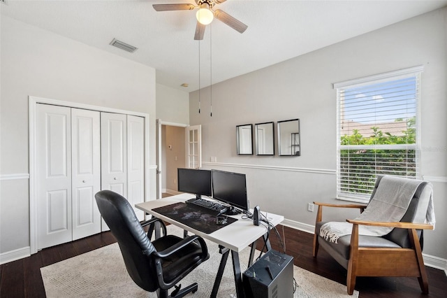 31646 Baymont Loop, Wesley Chapel, FL 33543 - office featuring a ceiling fan and wood finished floors