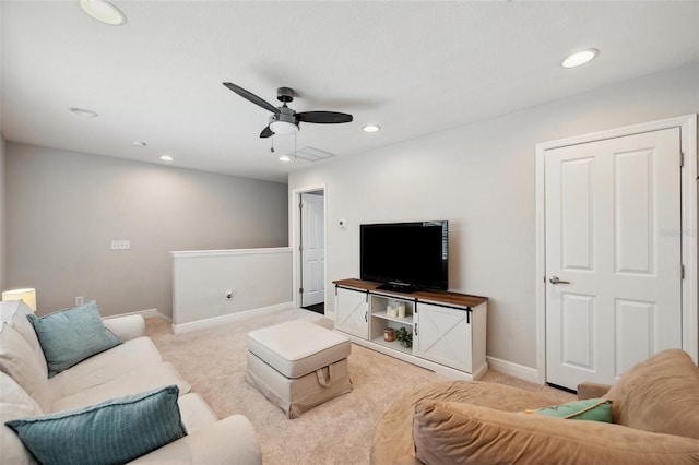 31646 Baymont Loop, Wesley Chapel, FL 33543 - living room featuring light colored carpet, ceiling fan, and recessed lighting