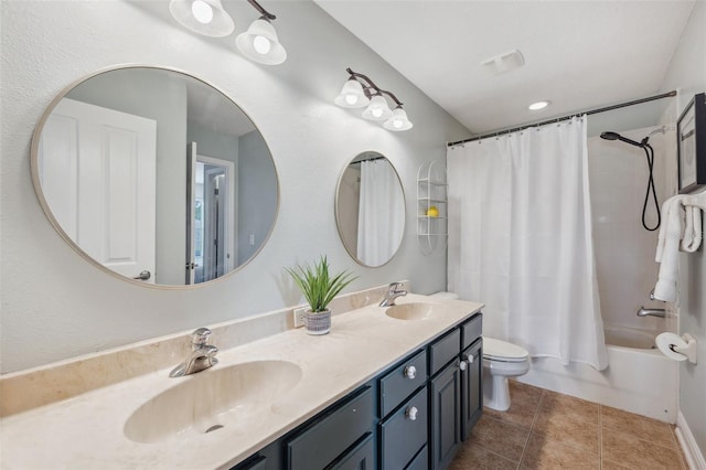 31646 Baymont Loop, Wesley Chapel, FL 33543 - bathroom with double vanity, shower / tub combo with curtain, and tile patterned floors