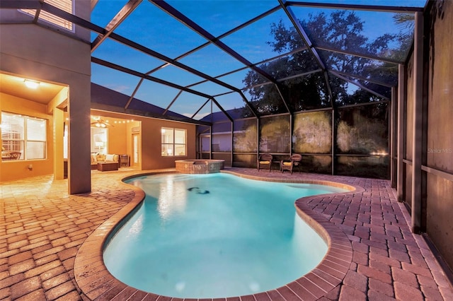 31646 Baymont Loop, Wesley Chapel, FL 33543 - view of swimming pool with a patio, an outdoor living space, a pool with connected hot tub, and a lanai