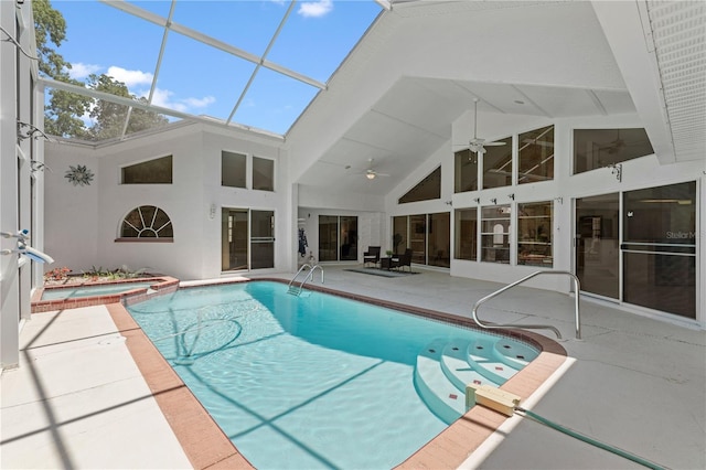 18561 Winding Oaks Blvd, Hudson, FL 34667 - view of pool featuring ceiling fan, a pool with connected hot tub, a patio, and glass enclosure