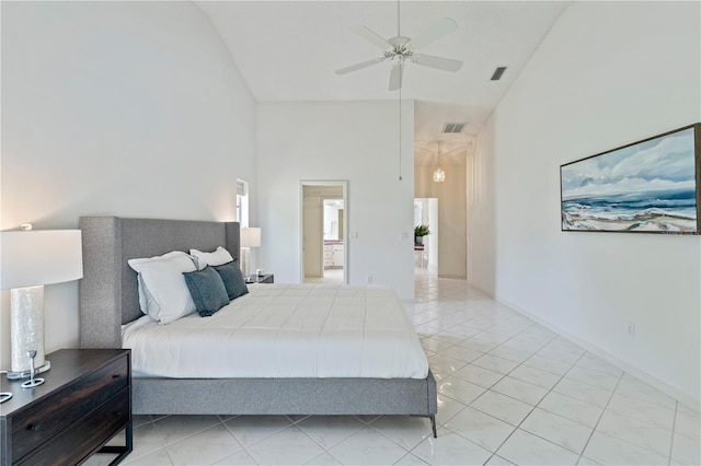 18561 Winding Oaks Blvd, Hudson, FL 34667 - bedroom featuring high vaulted ceiling, light tile patterned floors, and ceiling fan