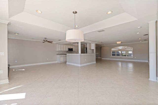 11225 4th St E, Treasure Island, FL 33706 - unfurnished living room featuring light tile patterned floors, recessed lighting, ornamental molding, and a ceiling fan