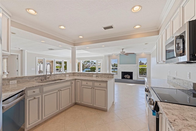 11225 4th St E, Treasure Island, FL 33706 - kitchen with stainless steel appliances, a fireplace with raised hearth, a ceiling fan, plenty of natural light, and crown molding