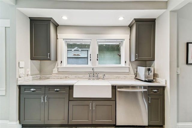 711 S Bungalow Ter, Tampa, FL 33606 - kitchen featuring stainless steel dishwasher, gray cabinets, light countertops, and recessed lighting