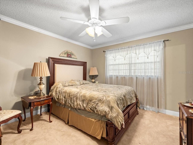 4209 Winding Willow Dr, Tampa, FL 33618 - bedroom with light colored carpet, crown molding, a textured ceiling, and ceiling fan