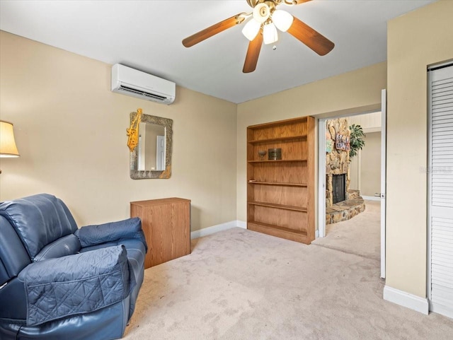 4209 Winding Willow Dr, Tampa, FL 33618 - living area with an AC wall unit, carpet flooring, a fireplace, and a ceiling fan