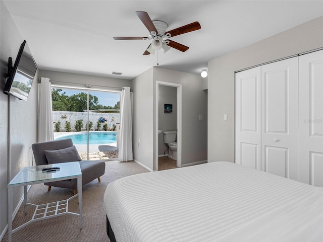 9109 134th Way, Seminole, FL 33776 - bedroom featuring access to outside, light carpet, a closet, and a ceiling fan
