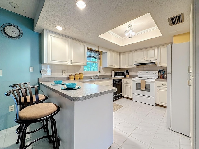 1102 Cara Dr, Largo, FL 33771 - kitchen featuring white appliances, a peninsula, under cabinet range hood, a breakfast bar area, and a raised ceiling