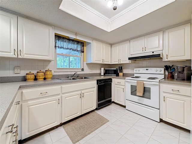 1102 Cara Dr, Largo, FL 33771 - kitchen featuring electric range, dishwasher, under cabinet range hood, tasteful backsplash, and white cabinets