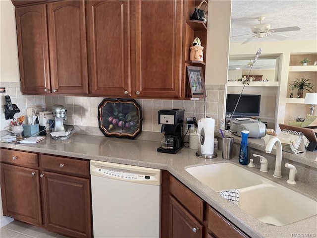 3926 N Eagle Pt, Crystal River, FL 34428 - kitchen with dishwasher, open shelves, a ceiling fan, decorative backsplash, and light countertops