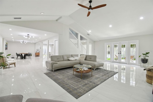 15722 Gardenside Ln, Tampa, FL 33624 - tiled living area featuring vaulted ceiling, french doors, recessed lighting, stairs, and a ceiling fan