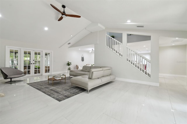 15722 Gardenside Ln, Tampa, FL 33624 - living room with french doors, stairs, ceiling fan, high vaulted ceiling, and recessed lighting