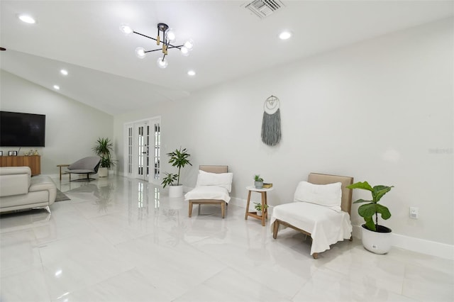 15722 Gardenside Ln, Tampa, FL 33624 - living area featuring french doors, recessed lighting, a chandelier, and vaulted ceiling
