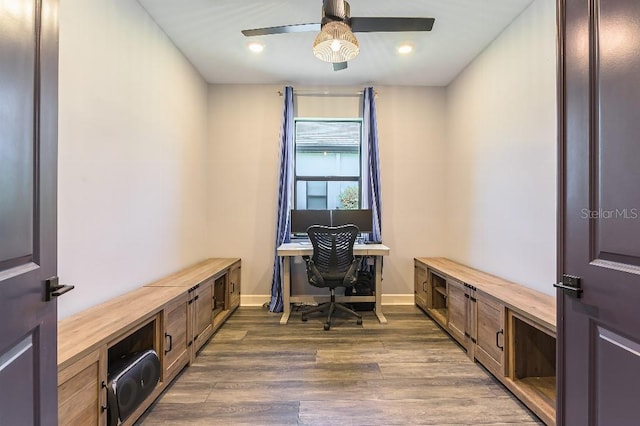7683 Summerland Cv, Lakewood Ranch, FL 34202 - office featuring dark wood-style flooring, ceiling fan, and recessed lighting