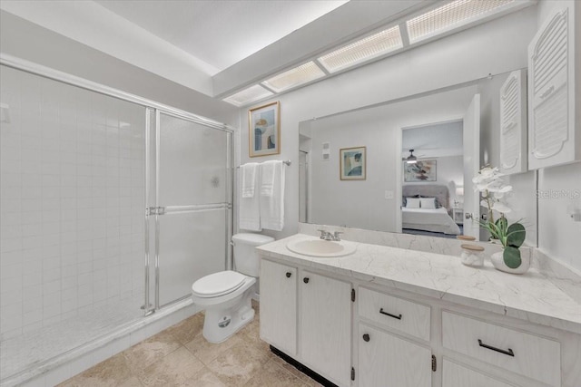 2681 Sabal Springs Cir Unit 204, Clearwater, FL 33761 - ensuite bathroom featuring vanity, a stall shower, a ceiling fan, and tile patterned floors