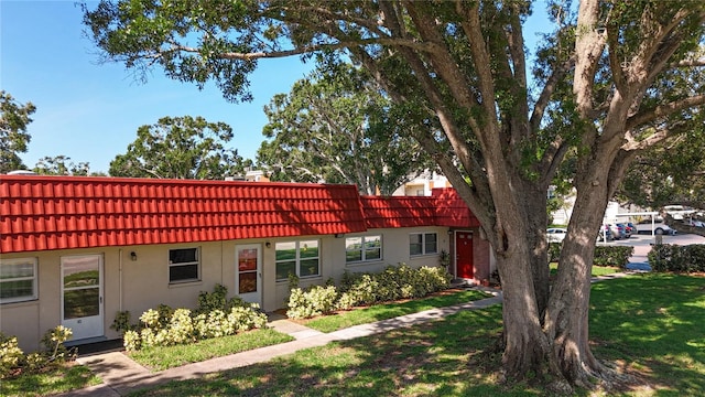 5870 38th Ave N Unit 44, Saint Petersburg, FL 33710 - view of front of home featuring a tiled roof, stucco siding, and a front lawn