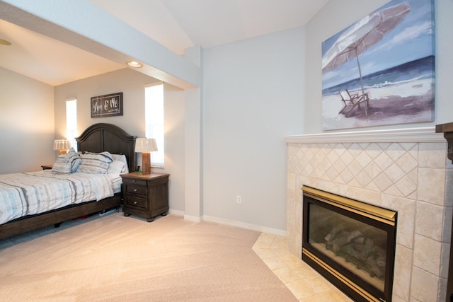 916 Bunker View Dr, Apollo Beach, FL 33572 - bedroom featuring a fireplace and light carpet