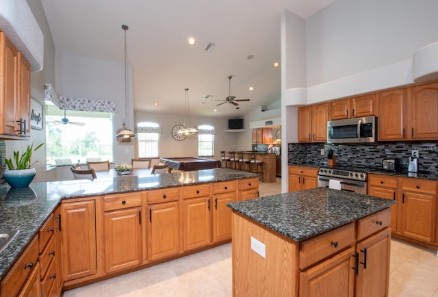 916 Bunker View Dr, Apollo Beach, FL 33572 - kitchen with appliances with stainless steel finishes, ceiling fan, dark stone counters, tasteful backsplash, and a peninsula