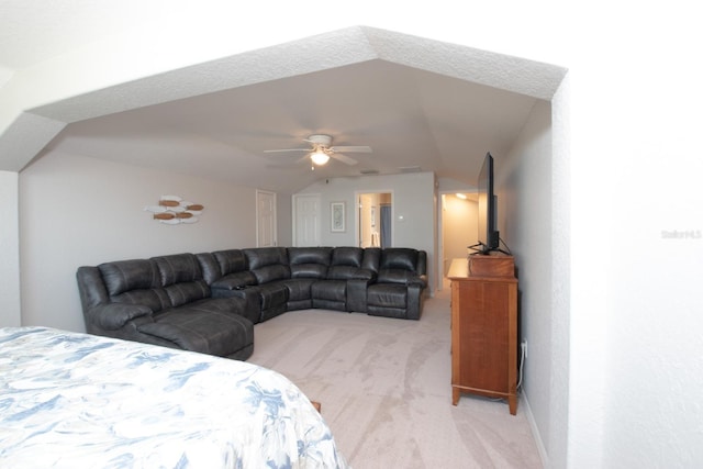 916 Bunker View Dr, Apollo Beach, FL 33572 - bedroom featuring light carpet, lofted ceiling, and a ceiling fan