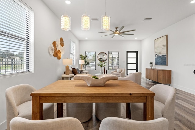 6210 64th Way N, Pinellas Park, FL 33781 - living room featuring a ceiling fan, wood finished floors, and recessed lighting