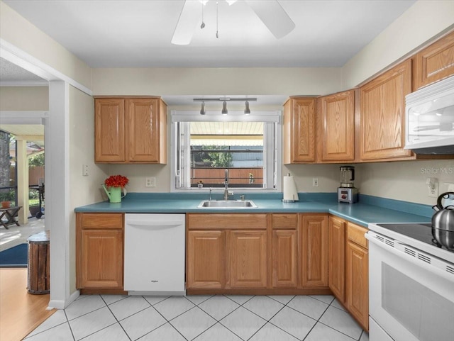 15711 Springmoss Ln, Tampa, FL 33624 - kitchen with white appliances, a ceiling fan, and track lighting