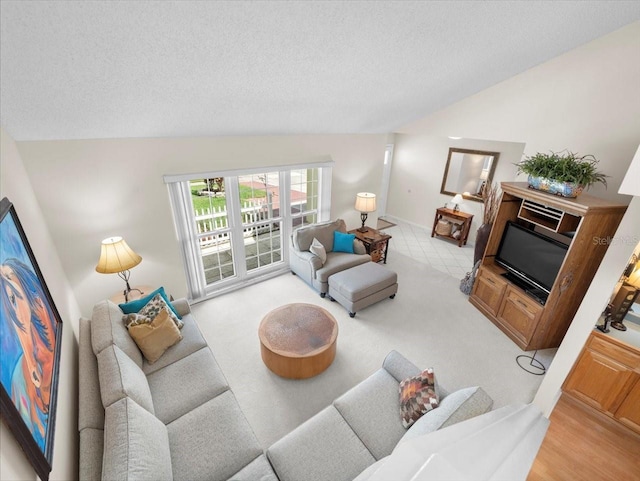 15711 Springmoss Ln, Tampa, FL 33624 - living area with vaulted ceiling, a textured ceiling, and carpet flooring