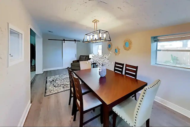 4505 S Clark Ave, Tampa, FL 33611 - dining room featuring a chandelier, wood finished floors, and a barn door