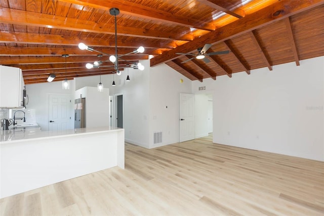 9445 Cardy St, New Port Richey, FL 34654 - unfurnished living room with light wood-type flooring, wooden ceiling, a chandelier, and ceiling fan