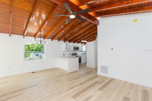 9445 Cardy St, New Port Richey, FL 34654 - unfurnished living room with light wood-style floors, wooden ceiling, and ceiling fan