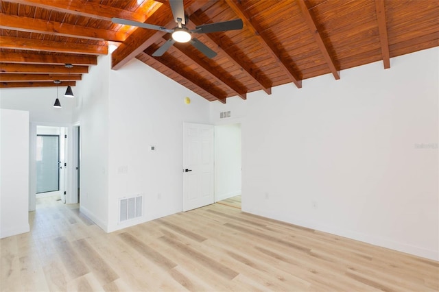 9445 Cardy St, New Port Richey, FL 34654 - unfurnished room featuring a wood ceiling with exposed beams, light wood-type flooring, ceiling fan, and high vaulted ceiling