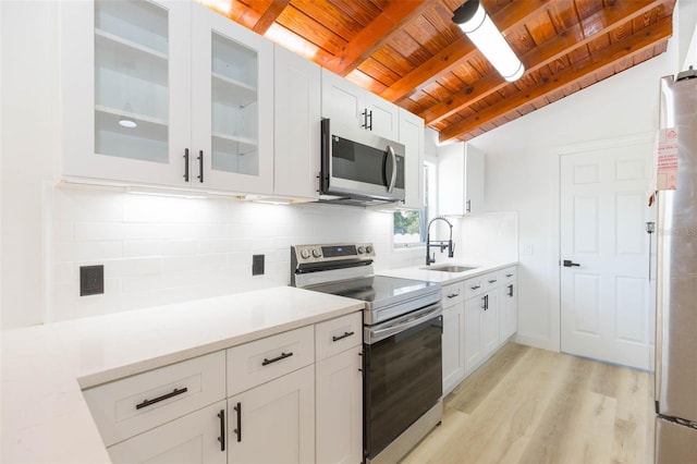 9445 Cardy St, New Port Richey, FL 34654 - kitchen featuring stainless steel appliances, wood ceiling, backsplash, light wood finished floors, and white cabinetry