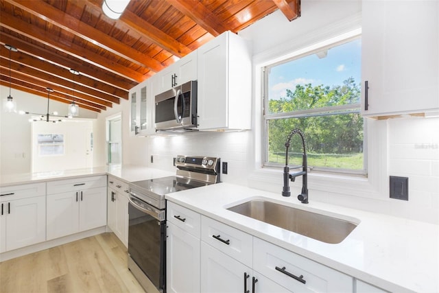9445 Cardy St, New Port Richey, FL 34654 - kitchen featuring stainless steel appliances, wooden ceiling, light wood-type flooring, tasteful backsplash, and white cabinetry
