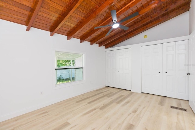 9445 Cardy St, New Port Richey, FL 34654 - unfurnished bedroom with light wood-style floors, two closets, wood ceiling, and a ceiling fan
