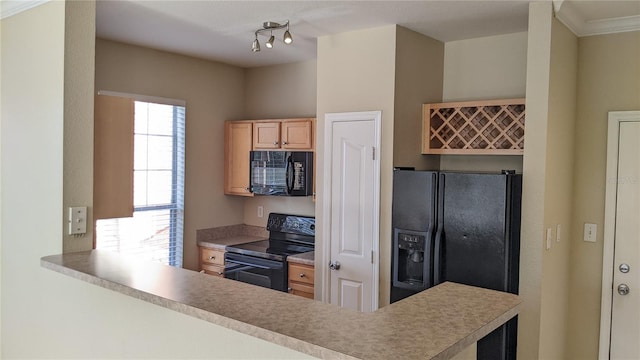 5000 Culbreath Key Way Unit 1-220, Tampa, FL 33611 - kitchen with black appliances, light brown cabinets, light countertops, and crown molding