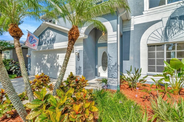 1734 Mapleleaf Blvd, Oldsmar, FL 34677 - view of exterior entry with stucco siding, a garage, and concrete driveway