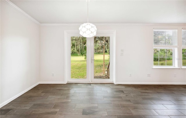 6728 Sutton Oaks Ln, Zephyrhills, FL 33541 - unfurnished dining area with a chandelier, crown molding, and dark wood-type flooring